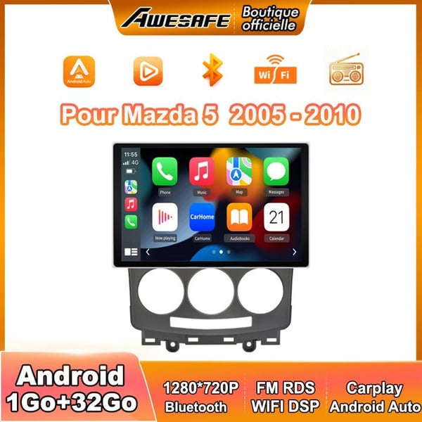 AWESAFE Autoradio Android 13 1Go+32Go för Mazda 5 (2005-2010) 9'' Touchskärm med Carplay GPS Bluetooth Android Auto
