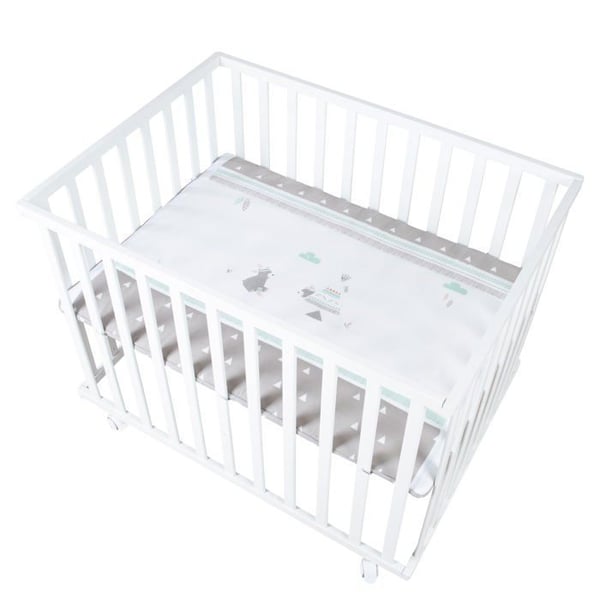 Parc Bebis 75x100 cm ROBA - Indibaer + Skyddande Parkmatta och 4 Hjul - Vit Trä - Björnmönster