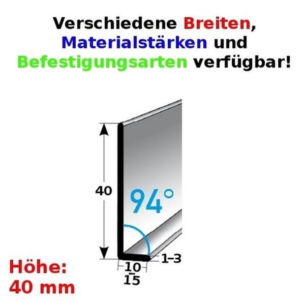 Plintsockel TYP 40 i rostfritt stål H 40 mm l 10 mm Materialtjocklek 1,0 mm Fästtyp utan hål Vinkel 94