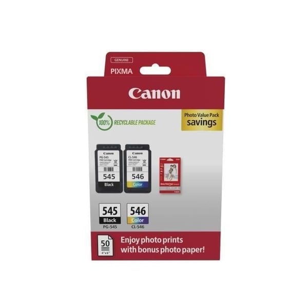 Paket med 2 bläckpatroner + fotopapperspaket - CANON - PG-545 Svart + CL-546 Färg