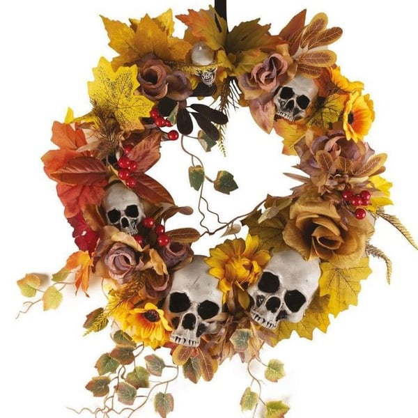 AUTUMN DOOR WREATH SKULLS 45CM ORANGE - HALLOWEEN PARTY DECORATION