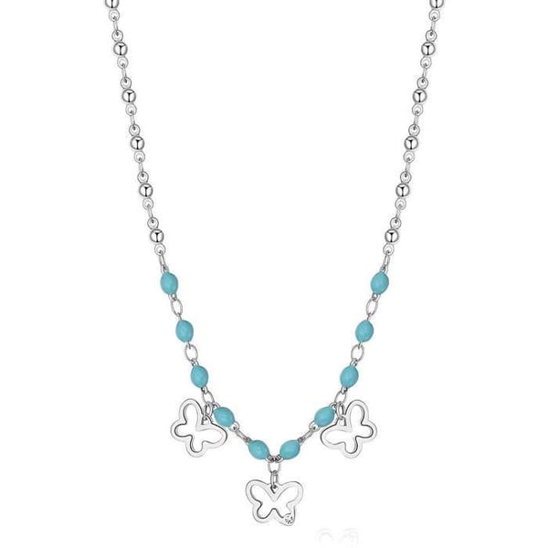 Collier - S'AGAPÕ - SVB19 - Stål - Emaljerade turkosa pärlor - Fjärilshängen