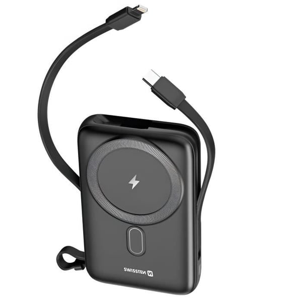 Powerbank - SWISSTEN - 10000mAh - MagSafe - Integrerade USB-C- och iPhone-kablar - LCD-skärm