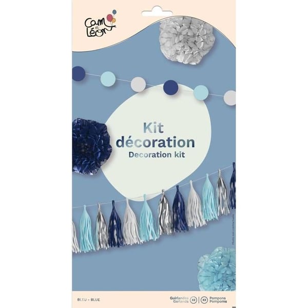 Startpaket födelsedagsdekoration - LILLA CLOWN - Set om 5 - Blå - Girlander och pom poms - 2,5m/3m