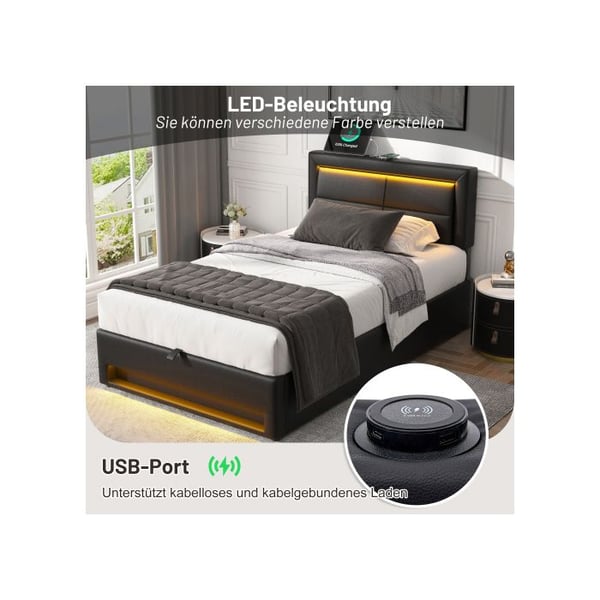 Polstret seng - MUVOE - 90 x 200 cm - USB - LED-belysning - Opbevaring under sengen
