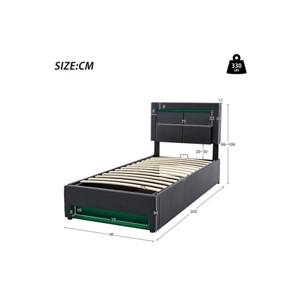 Polstret seng - MUVOE - 90 x 200 cm - USB - LED-belysning - Opbevaring under sengen
