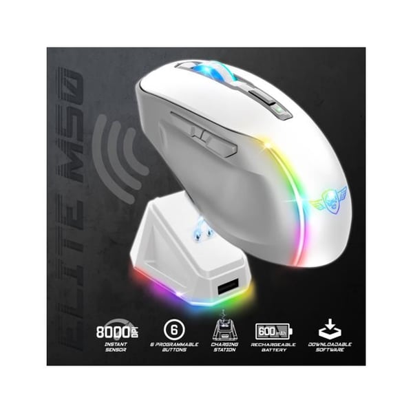 Trådlös mus med laddningsdocka - Vit - Gaming - ELITE-M50 - LED - Anpassningsbar - Programmerbara knappar