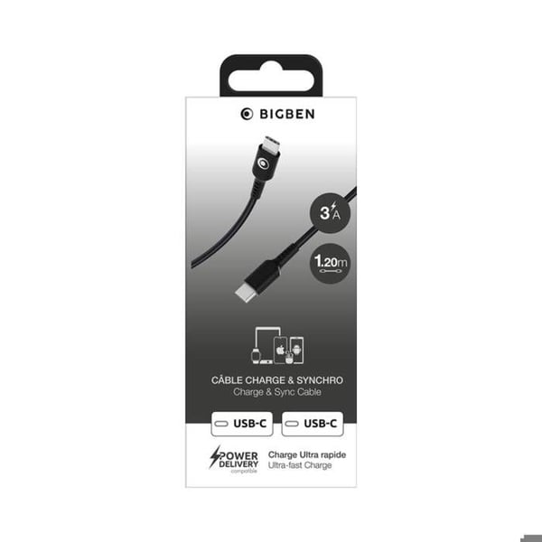 USB-C-kabel - BigBen - 1.2m - 3A - Power Delivery 60W - Svart vävd