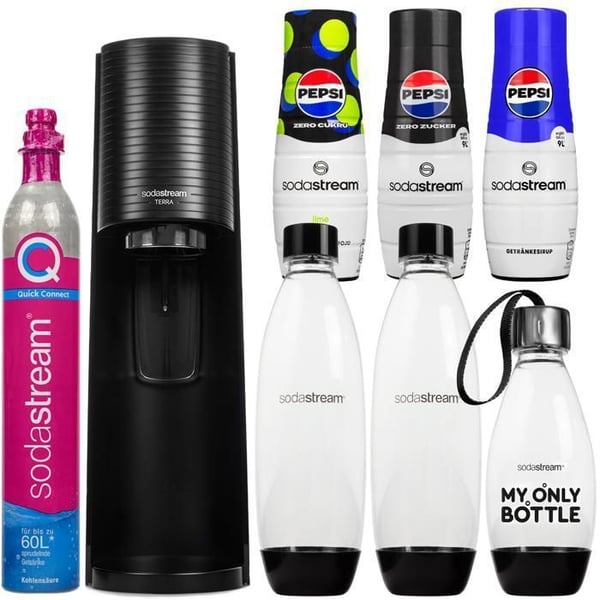 Saturator kolsyrat vatten - Sodastream - Terra - Svart - 3 flaskor - 3 Pepsi-siroper - Flaska Quick Connect