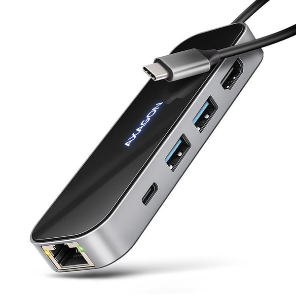 USB-hub - AXAGON - HMC-6GLN - 2x USB-A - 1x USB-C - 100 W PD - Sølv