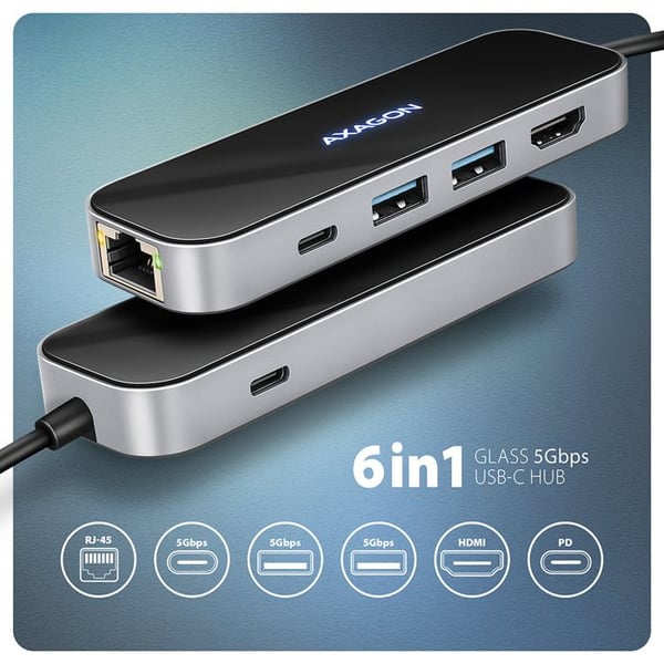 USB-hub - AXAGON - HMC-6GLN - 2x USB-A - 1x USB-C - 100 W PD - Sølv