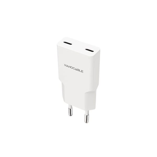 USB-C-laddare 20W - Nano-kabel - 2x USB-C PD - Vit - 81x36x15 mm - Snabbladdning - Kortslutningsskydd - Resa