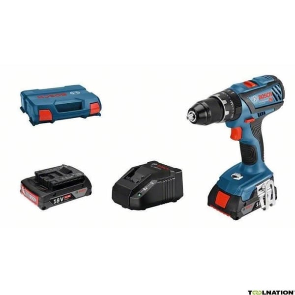 Bosch Professional GSB 18V-28 slagborr (vridmoment: 28/63/- Nm) + 2 2,0Ah batterier + laddare + L-Case - 06019H400B