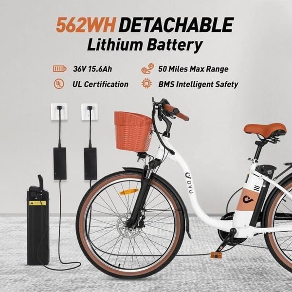 Elcykel - DYU C6 Pro - Motor 500W - Batteri 36V 15.6Ah - Rækkevidde 72 km - Tommer 26'' - Hvid