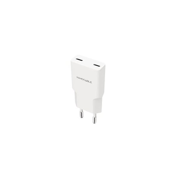 USB-C-laddare 20W - Nano-kabel - 2x USB-C PD - Vit - 81x36x15 mm - Snabbladdning - Kortslutningsskydd - Resa