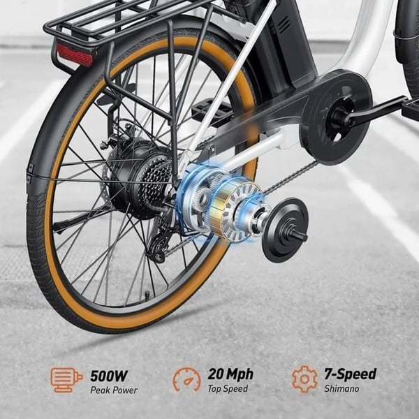 Elcykel - DYU C6 Pro - Motor 500W - Batteri 36V 15.6Ah - Rækkevidde 72 km - Tommer 26'' - Hvid