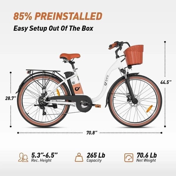 Elcykel - DYU C6 Pro - Motor 500W - Batteri 36V 15.6Ah - Rækkevidde 72 km - Tommer 26'' - Hvid