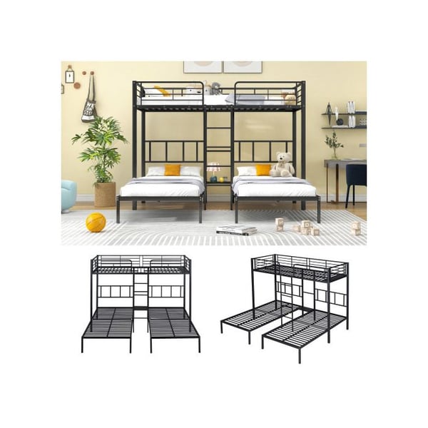 Køjeseng - Jern - 90x200cm*3 - Sort - 3 pladser - Sikkerhedsstige