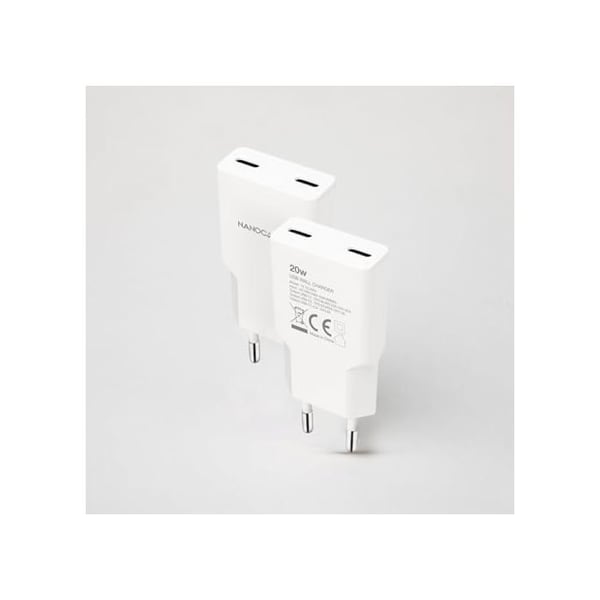 USB-C-laddare 20W - Nano-kabel - 2x USB-C PD - Vit - 81x36x15 mm - Snabbladdning - Kortslutningsskydd - Resa