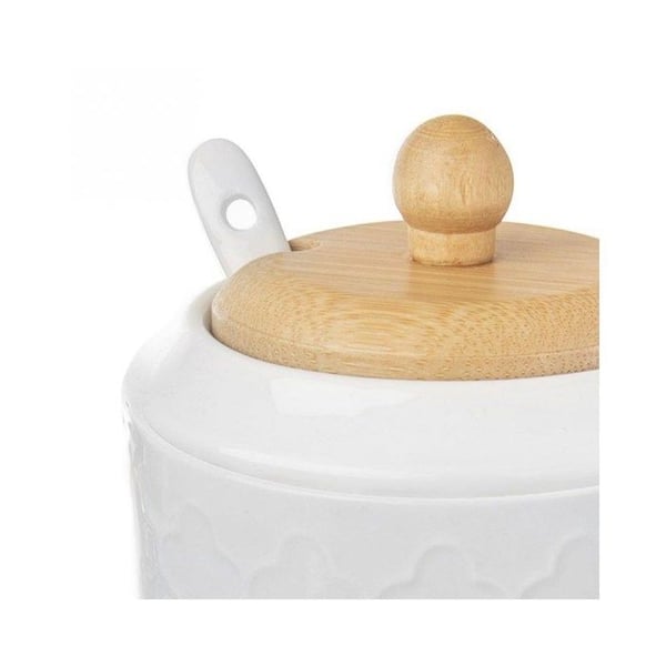 Sukkerkrukke - WHITELINE - 240ml - Hvid porcelæn - Låg i bambus - Praktisk og dekorativ