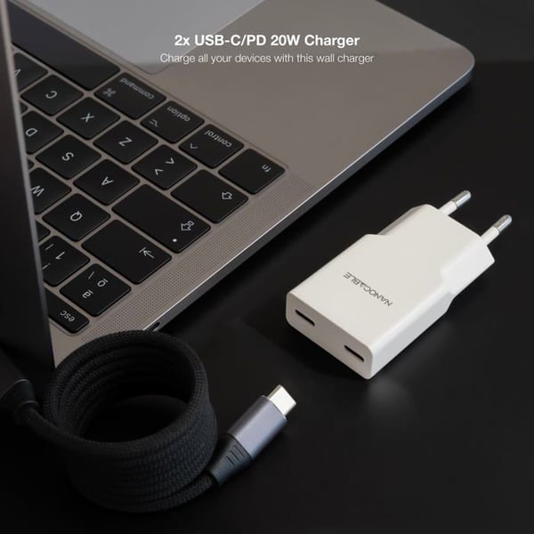 USB-C-laddare 20W - Nano-kabel - 2x USB-C PD - Vit - 81x36x15 mm - Snabbladdning - Kortslutningsskydd - Resa