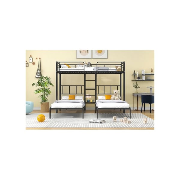 Køjeseng - Jern - 90x200cm*3 - Sort - 3 pladser - Sikkerhedsstige