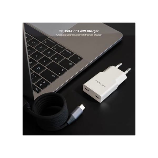 USB-C-laddare 20W - Nano-kabel - 2x USB-C PD - Vit - 81x36x15 mm - Snabbladdning - Kortslutningsskydd - Resa