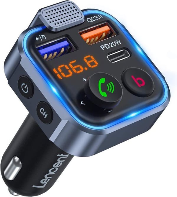 FM-transmitter til bil - LENCENT - Bluetooth 5.3 - PD 20W opladning - QC3.0 - Håndfri opkald