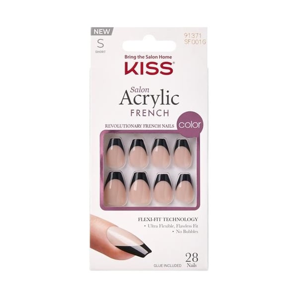 KISS SF001 Set med 28 svarta konstnaglar - Rosa gelélim, flexibel och bekväm, snabb manikyr