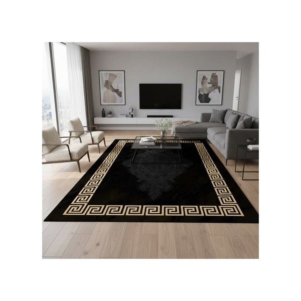 Matta - MELIS HOME - 80x50 cm - Svart & Guld - Grekisk frans - Tvättbar halkfri