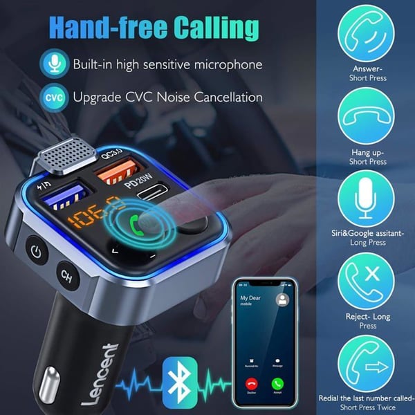 FM-lähetin autoon - LENCENT - Bluetooth 5.3 - PD 20W - QC3.0 - Handsfree-puhelut