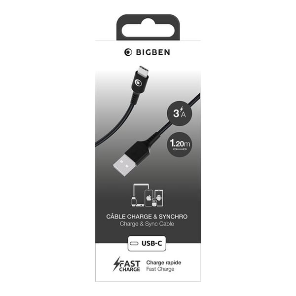 USB-A till USB-C-kabel - BigBen - 1,2m - Snabbladdning 15W - 3A - Svart vävd nylon