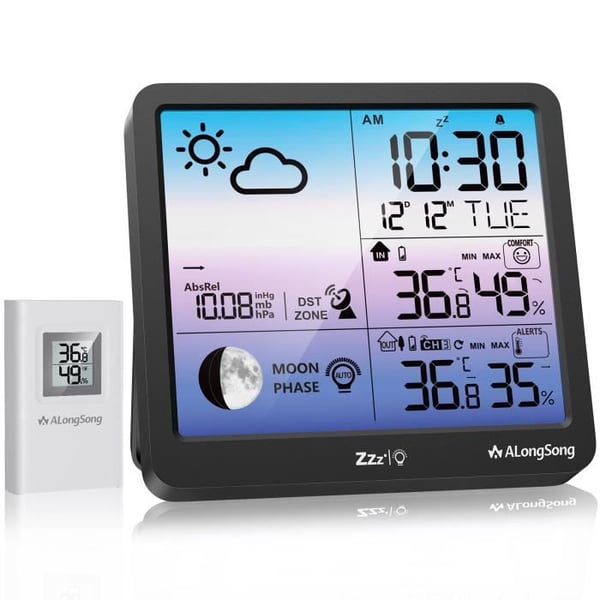 Hommie väderstation med inomhus utomhus trådlös sensor, termometer Hygrometer Barometer månfas, färgglad LCD-skärm
