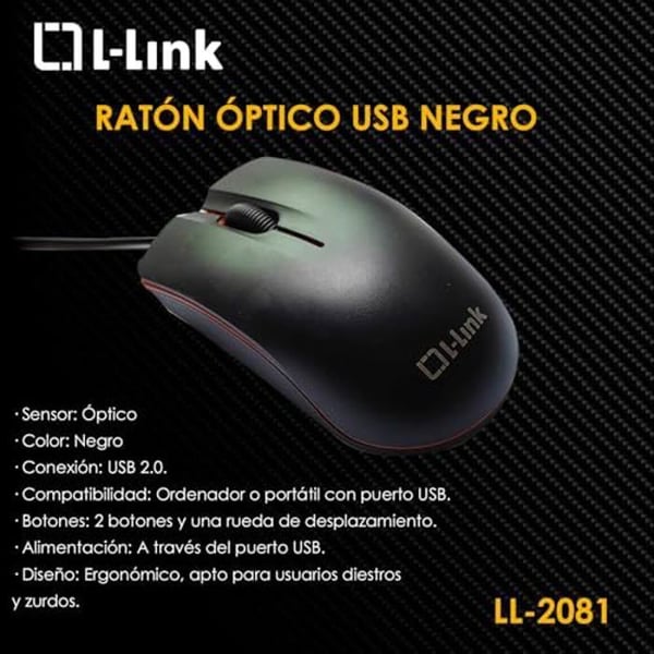 Trådad Optisk Mus - L-LINK - Ergonomisk - Precisionssensor - USB 2.0 - För Höger- och Vänsterhänta