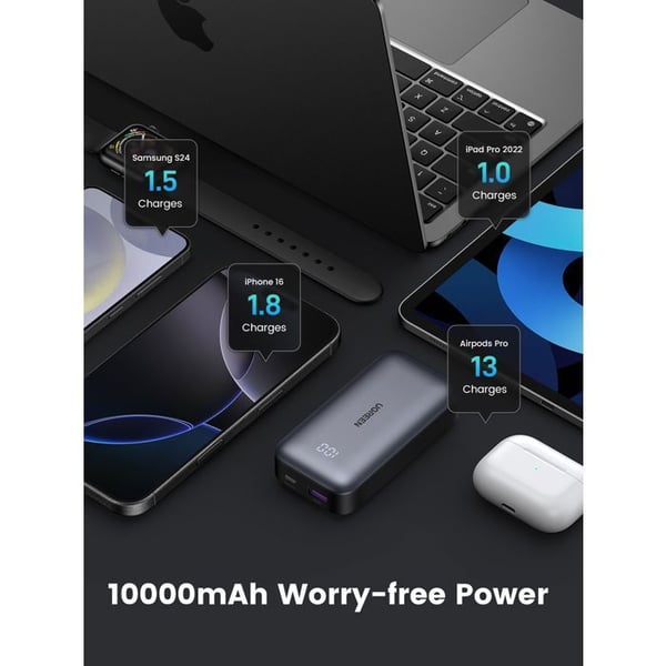Slim externbatteri - UGREEN - 10 000 mAh - Grå