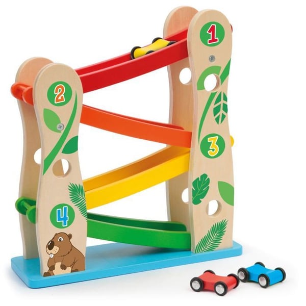 Ramp för miniatyrbilar med 3 miniatyrfordon i trä