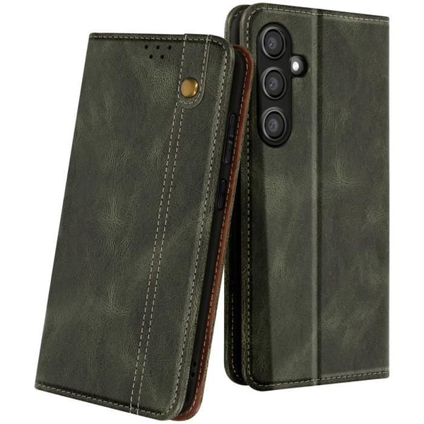 Plånboksfodral - AVIZAR - Samsung Galaxy S24 FE - Veganskt läder - Kaki - Stöd för handsfree-funktion