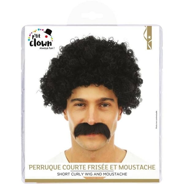 Kort Lockig Peruk - LILLA CLOWN - Svart - Utklädnadstillbehör - Mustasch - Vuxen Unisex