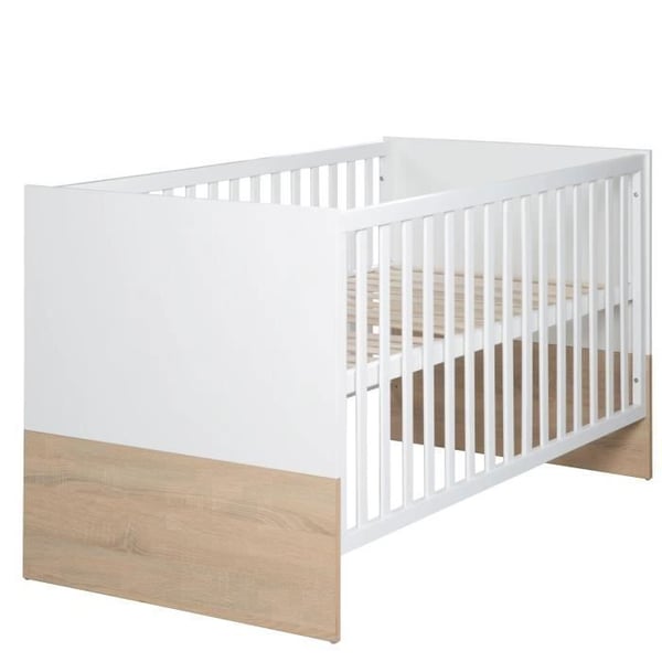 Lit Bebé Evolutiv ROBA Gabriella - 70x140 cm - Höjdjusterbar - Vit - Dekor i Ljust Sonoma-ek