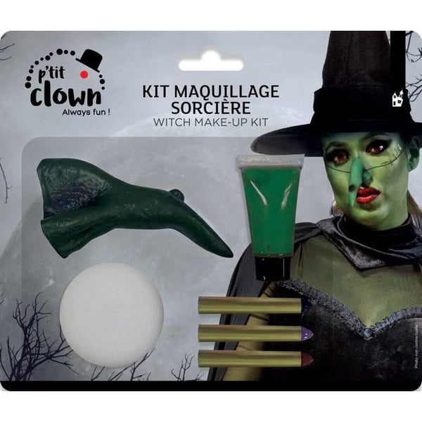 Häxsminkset - PTIT CLOWN - re23604 - Grönt smink 8ml - 3 pennor & svamp - Plastnäsa