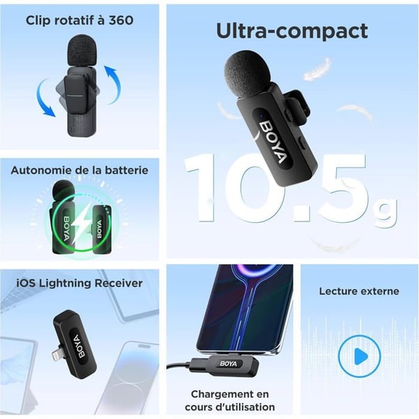 Trådløs mikrofon - BOYA - BY-V1 (V2.0) - Rækkevidde 100m - Lightning-stik - Omnidirektionel