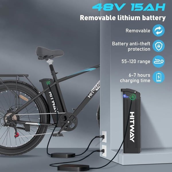 HITWAY Elcykel 26*3,0 Big Inch, City Mountain Bike, E-Bike Avtagbart litiumbatteri 48V15Ah - 7 hastigheter