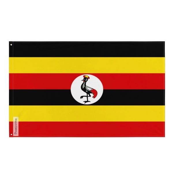 Ugandas flagga – 64 x 96 cm – Hållbar polyester – 2 metallöglor – Inomhus / Utomhus – Pixelforma