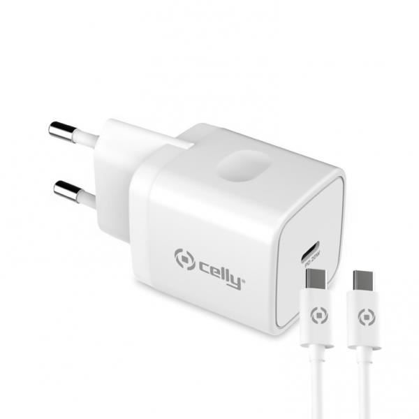 Celly 20W USB-C nätverksladdare och USB-C/USB-C-kabel - Vit