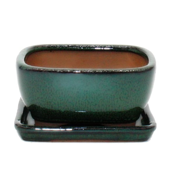 Bonsaiskål med fat St. 1 - Grön - rektangulär - Modell GB5 - L 12cm - B 9,5cm - H 5,5 cm