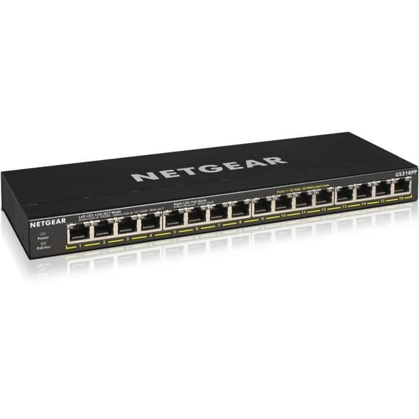 Switch Ethernet - NETGEAR - GS316PP - 16 portar RJ45 Gigabit - PoE+ 183W - Kontor/Rack/Vägg