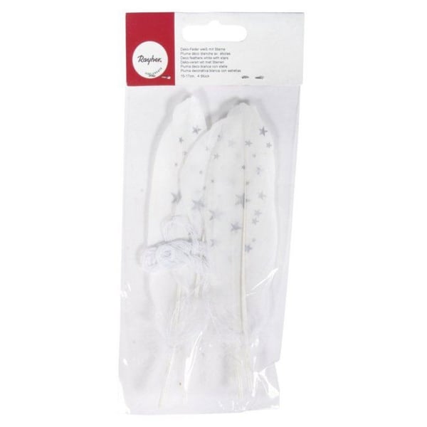 Vit dekoration med fjädrar, stjärnor, silver, 15 - 17cm, med snöre, 4 st