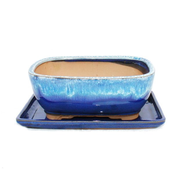 Bonsaiskål med fat St. 3 Blå-Beige rektangulär Modell GB5 L 21,5cm B 17cm H 8 cm