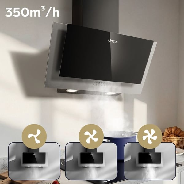 CIARRA Vinklad Fristående Fläkt 60cm - 370m³/h med 2 st Kolfilter Klass A++ - 3 Hastigheter - Utblås & Återvinning - SVART