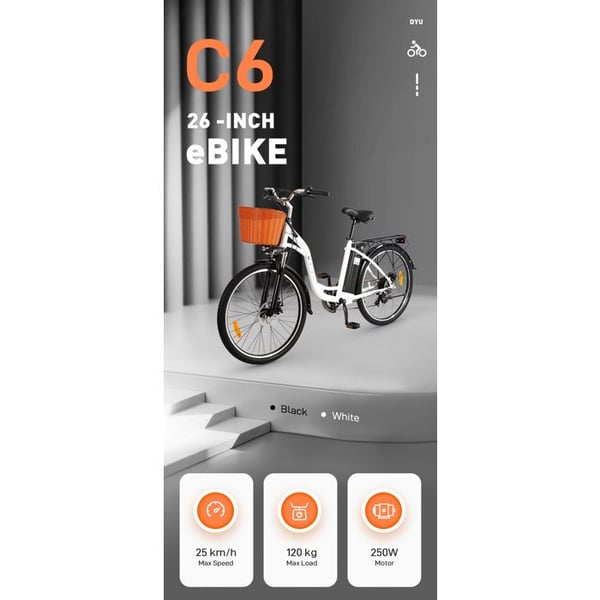 Elcykel - DYU - C6 - Motor 250 W - Batteri 36 V 12,5 Ah - Dæk 26 tommer